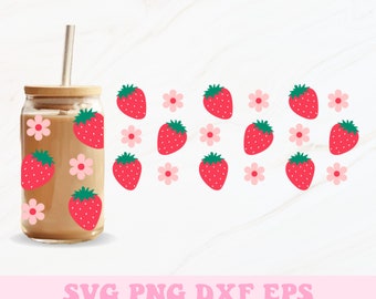 Strawberry Glass Can Wrap Svg, Strawberry Libbey Wrap Svg, Libbey Glass Wrap, Glass Can Svg, Strawberry Svg, 16oz Glass Can Wrap, Svg Wrap