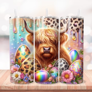 Easter Highland Cow Tumbler Wrap, Easter Tumbler Wrap, 20 oz Skinny Tumbler, Sublimation Design, Easter Wrap Png, Highland Cow Png