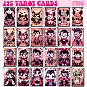 Op de afbeelding: Een set van 275 tarotkaarten met schattige cartoonfiguren in een Halloween-thema. De kaarten zijn roze met een witte rand en bevatten personages zoals vleermuizen, vampiers en mummies. De tekst "275 TAROT CARDS" staat bovenaan de afbeelding.