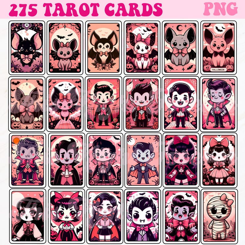 Op de afbeelding: Een set van 275 tarotkaarten met schattige cartoonfiguren in een Halloween-thema. De kaarten zijn roze met een witte rand en bevatten personages zoals vleermuizen, vampiers en mummies. De tekst "275 TAROT CARDS" staat bovenaan de afbeelding.