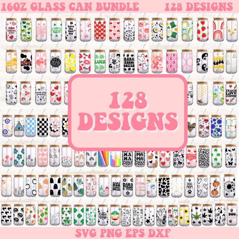 May include: A collection of 128 designs for 16 oz glass can bundles. The designs feature a variety of patterns, including hearts, flowers, rainbows, and geometric shapes. The designs are in a variety of colours, including pink, blue, green, and yellow. The designs are perfect for adding a personal touch to your glass can bundles.