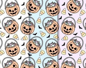 Modello senza cuciture per secchiello "dolcetto o scherzetto", modello senza cuciture di Halloween, motivo ripetuto, motivo senza cuciture, design a sublimazione, zucca senza cuciture