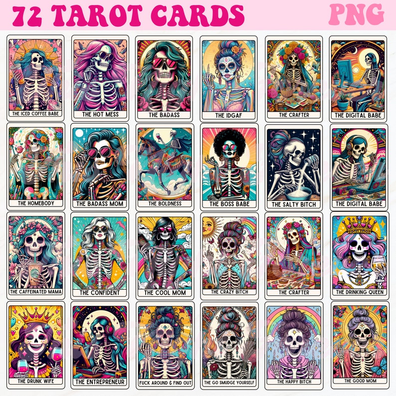 K&ouml;nnte beinhalten: Ein Set mit 72 Tarotkarten mit farbenfrohen Illustrationen von Skeletten mit verschiedenen Pers&ouml;nlichkeiten und Titeln. Die Karten sind im Retro-Stil mit leuchtenden Farben und kr&auml;ftigen Umrissen gestaltet.
