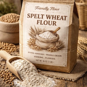 May include: A brown paper bag of spelt wheat flour with a label that reads "Friendly Flour". A wooden scoop is filled with flour, and grains are scattered on a wooden surface. The bag is labeled "Net Wt 454g (1 LB)".