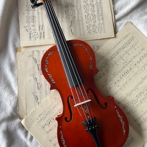 Può includere: Un violino marrone con un disegno floreale dipinto sul corpo. Il violino è appoggiato su spartiti musicali.