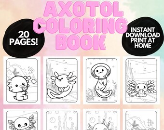 Cute Axotol Coloring Pages, Axotol printable coloring pages for kids, Kids coloring book, Axotol Birthday Party Activity, Kawaii coloring