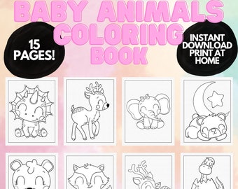 Cute Baby Animal Coloring pages for Kids Toddlers, Printable coloring pages for kids, Baby Animal Birthday Party Activity, Coloring Book PDF