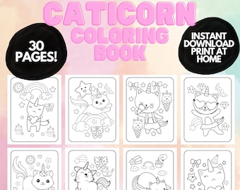 Caticorn Coloring pages for Kids, Unicorn printable coloring pages for kids, Cat Kids coloring book, homeschool printable, Kawaii coloring