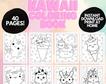 Easy Cute Kawaii Coloring Book for kids teens adults, Easy Coloring Pages for Kids, Printable Coloring Book, Digital Kawaii Coloring Pages