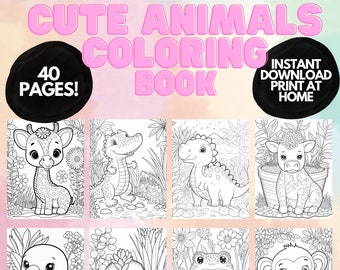 Cute Animal Coloring pages for Kids and Adults, Animal Printable Coloring pages, Kids Coloring book, homeschool printable, Kawaii Coloring