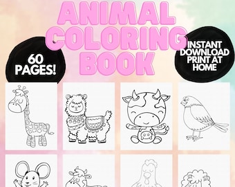 Cute Animal Coloring pages for Kids, 60 printable coloring pages for kids, Kids coloring book, Animal colouring book, Instant download