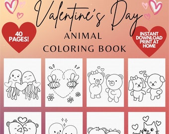 Valentine's Day Coloring pages for Kids, 40 printable coloring pages for kids, easy animal coloring book, Kids Valentine's Coloring Pages
