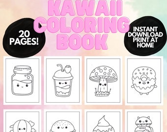 Easy Cute Kawaii Coloring Book for kids teens adults, Easy Coloring Pages for Kids, Printable Coloring Book, Digital Kawaii Coloring Pages