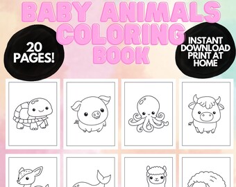 Easy Baby Animal Coloring pages for Kids Toddlers, Printable coloring pages for kids, Baby Animal Birthday Party Activity, Coloring Book PDF