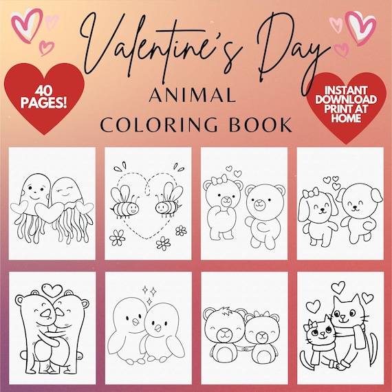 Valentine's Day Coloring pages for Kids, 40 printable coloring pages for kids, easy animal coloring book, Kids Valentine's Coloring Pages