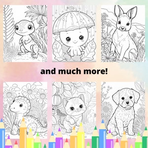 May include: Black and white colouring pages featuring a variety of cute animals, including a gecko, an octopus, a rabbit, a dinosaur, a cat, and a dog. The pages are surrounded by colourful pencils.