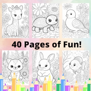 May include: A colouring book with 40 pages of fun featuring black and white illustrations of a giraffe, turtle, bird, raccoon, rabbit, and fish. The book is surrounded by coloured pencils.