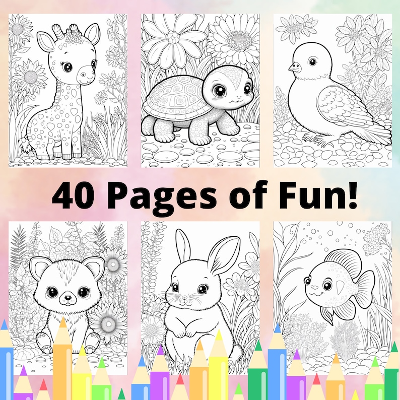 May include: A colouring book with 40 pages of fun featuring black and white illustrations of a giraffe, turtle, bird, raccoon, rabbit, and fish. The book is surrounded by coloured pencils.