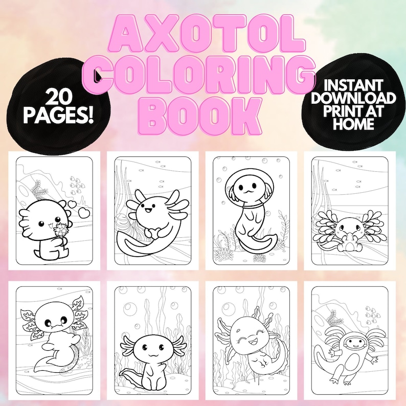 Peut inclure: Un livre de coloriage en noir et blanc avec 20 pages d'adorables illustrations d'axolotls. La couverture pr&eacute;sente le texte "Axolotl Coloring Book" en lettres roses et le texte "20 Pages!" et "T&eacute;l&eacute;chargement instantan&eacute; Imprimer &agrave; la maison" en lettres noires.