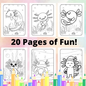 Peut inclure: Un livre de coloriage avec 20 pages d'illustrations en noir et blanc d'axolotls dans diff&eacute;rentes poses. Le livre est intitul&eacute; "20 Pages de Fun!" et est entour&eacute; de crayons de couleur.