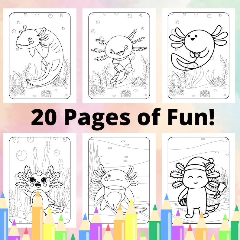 Peut inclure: Un livre de coloriage avec 20 pages d'illustrations en noir et blanc d'axolotls dans diff&eacute;rentes poses. Le livre est intitul&eacute; "20 Pages de Fun!" et est entour&eacute; de crayons de couleur.