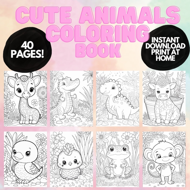 May include: A colouring book featuring 40 pages of cute animals, including a giraffe, dinosaur, frog, monkey, duck, and chick. The book is black and white and ready to be coloured in. The text "Cute Animals Coloring Book" and "40 Pages!" is printed in pink on the cover. The text "Instant Download Print at Home" is printed in white on a black circle.