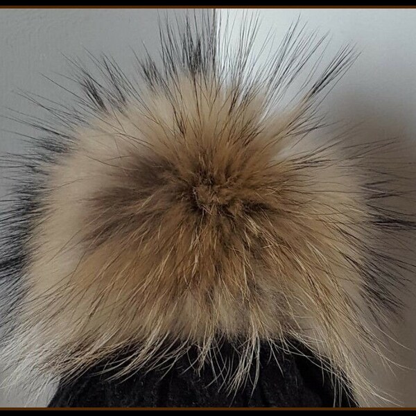 XXL MERRYLAND véritable pompon en fourrure 15-17 cm Finnracoon pompon en vraie fourrure de caniche marron naturel avec pointes noires Real Fur Pompom Bobble