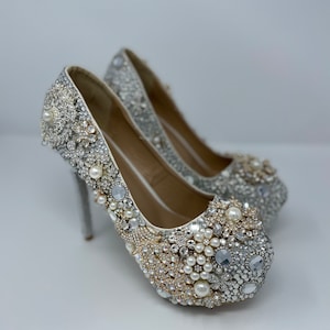 Custom Cinderella Wedding Perfect Crystal Bridal Pumps platform heels sz 9