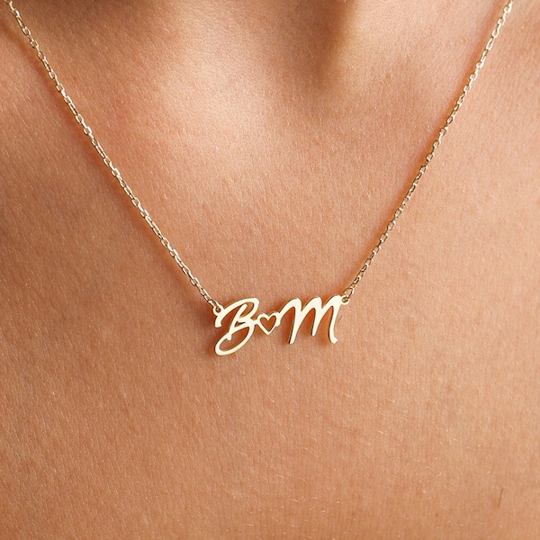 Gold Personalized Initial Necklace, Custom Letter Necklace with Heart, Minimalist Couple Letter Necklace, Dainty Necklace, Gift For Her