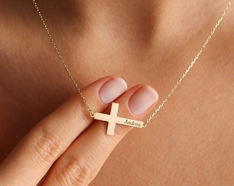 14K Gold Cross Name Necklace, Baptism Gift, Personalized Cross Necklace with Name, Confirmation Gifts For Girl, First Communion Gift Girl