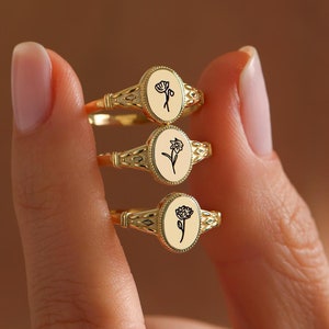 Birth Flower Signet Ring, Birth Flower Jewelry, Birth Month Flower Gifts, 14k Gold Signet Ring, Gift For Mom, Christmas Gift, Gift For Her