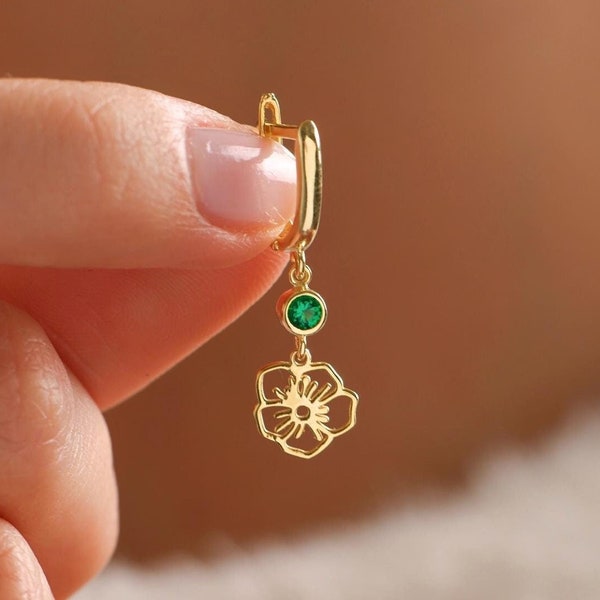 Gold Birth Flower Earrings with Birthstone, Birth Flower Gift, Custom Floral Jewelry, Birthday Month Flower Earrings, Christmas Gift For Her