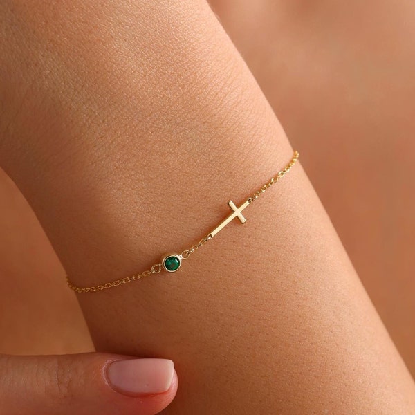 Cross Bracelet with Birthstone, Dainty Gold Cross Bracelet, Tiny Cross Bracelet, Confirmation Gift, Baptism Gift, Christmas Gift For Her