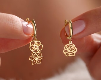 Dainty Birth Flower Earring, Personalized Birth Month Flower Earring, Birth Flower Gift, Birthday Gift, Personalized Gift, Christmas Gift