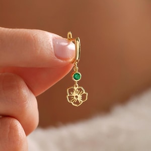 Birth Flower Earrings, Birth Month Flower Earring with Birthstone, Dangle Birth Flower Earrings, Birth Flower Jewelry, Christmas Gift