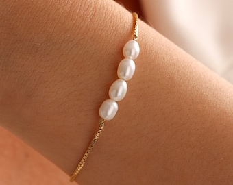 Real Natural Freshwater Pearl Bracelet, Dainty 14k Gold Bracelet, Pearl Beaded Bracelet, Simple Bracelet, Pearl Jewelry, Christmas Gift