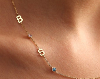 Custom Gemstone Letter Necklace, Initial Birthstone Necklace, Name Necklace Jewelry for Birthday Gifts, Christmas Gift, Gift For Her