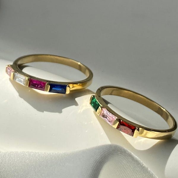 Baguette Birthstone Ring, Custom Stackable Gemstone Ring, Perfect for Everyday, Personalized Gifts for Mom, Baby Shower Gift, Christmas Gift