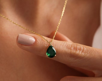 Emerald Green Necklace, May Birthstone Pendant, Gold Filled Emerald Necklace, Teardrop Emerald Jewelry, Minimalist Necklace, Christmas Gift