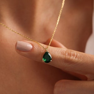 Emerald Green Necklace, May Birthstone Pendant, Gold Filled Emerald Necklace, Teardrop Emerald Jewelry, Minimalist Necklace, Christmas Gift image 1