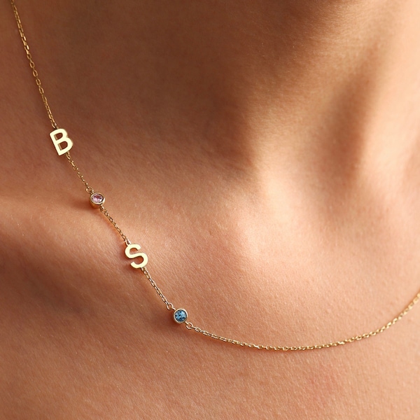 Sideways Initial Birthstone Necklace, Dainty Letter Necklace, Personalized Necklace, Minimalist Necklace, Birthday Gifts, Gift For Her