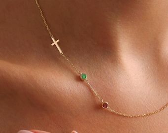 Sideways Cross Necklace with Birthstone, Dainty Gold Cross Necklace, Tiny Cross Necklace, Confirmation Gift, Baptism Gift, Christmas Gift