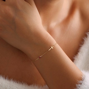 Cross Bracelet with Birthstone, Dainty silver and gold Cross Bracelet, Confirmation Gift, Baptism Gift, Christmas Gift For Her, Couples Gift, Friendship Bracelet, gift for mom, mothers day gift