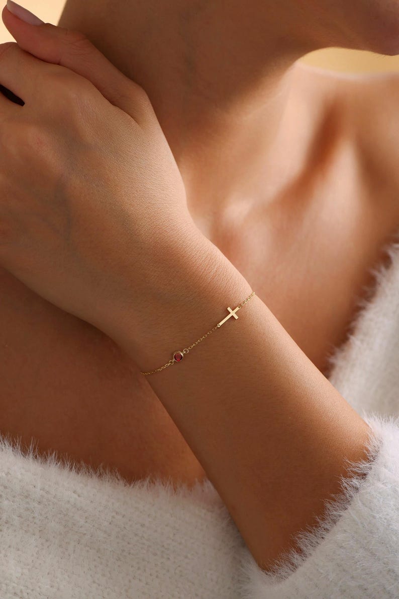 Cross Bracelet with Birthstone, Dainty silver and gold Cross Bracelet, Confirmation Gift, Baptism Gift, Christmas Gift For Her, Couples Gift, Friendship Bracelet, gift for mom, mothers day gift