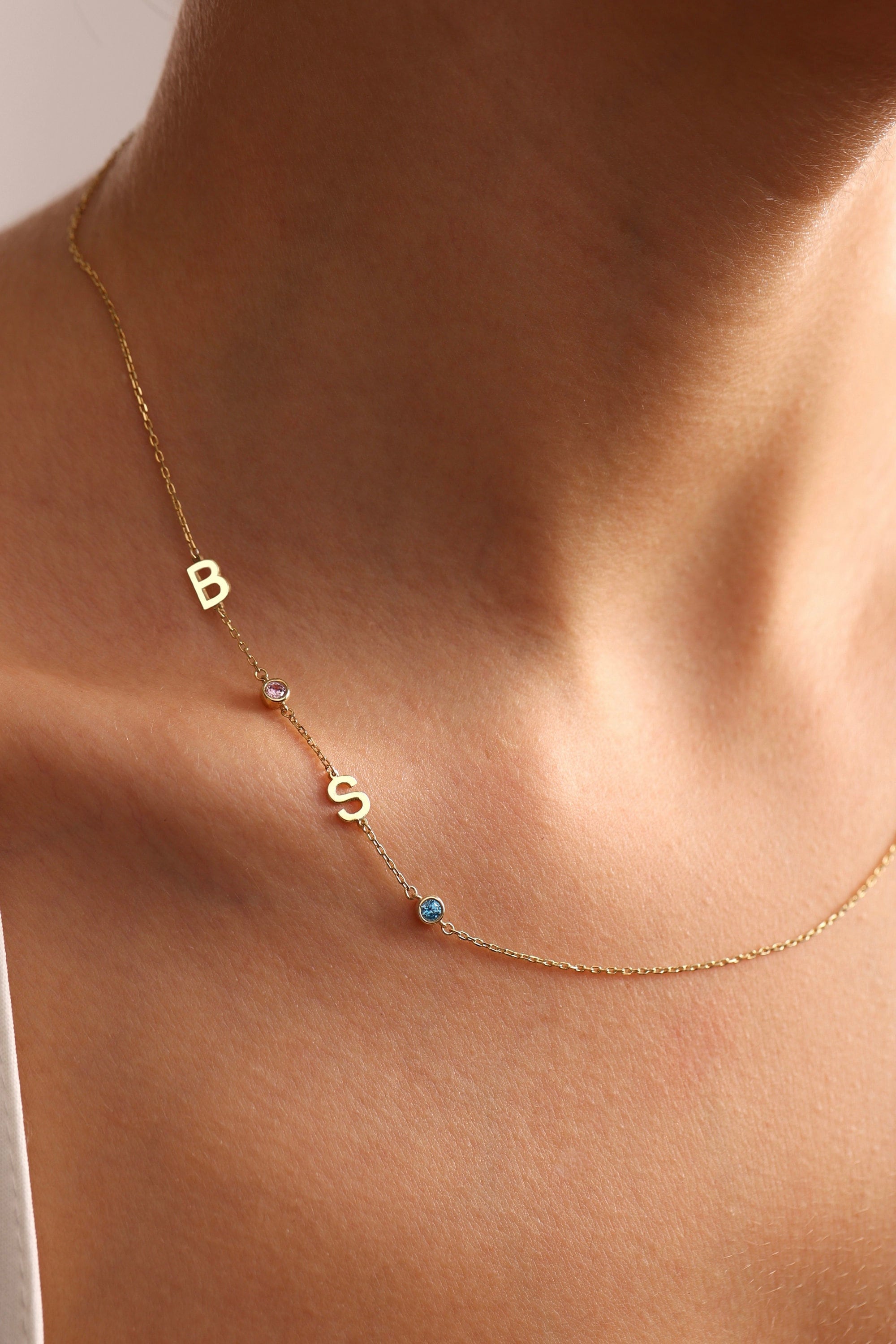 Sideways Initial Birthstone Necklace, Dainty Letter Necklace, Personalized Necklace, Minimalist Necklace, Birthday Gifts, Gift For Her