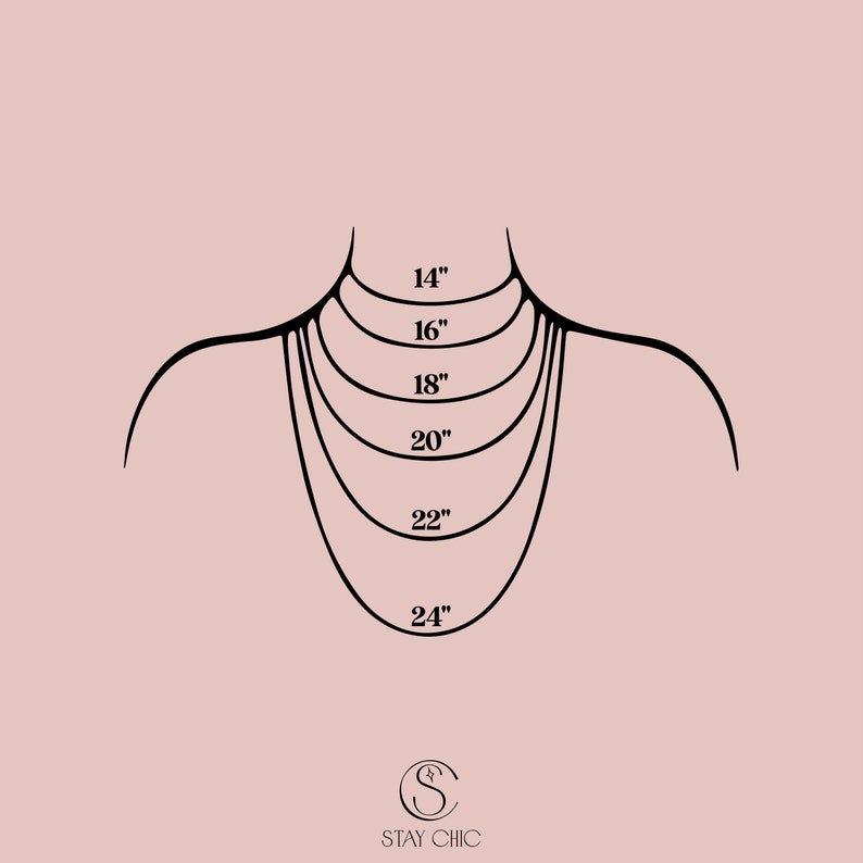 May include: A diagram showing necklace lengths from 14 inches to 24 inches (approximately 35.5 cm to 61 cm) on a stylized neck and shoulders. The image includes the text "14", "16", "18", "20", "22", and "24". The logo "STAY CHIC" is at the bottom.