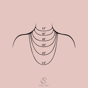 May include: A diagram showing different necklace lengths from 14 inches to 24 inches. The lengths are shown on a simple illustration of a person's neck.