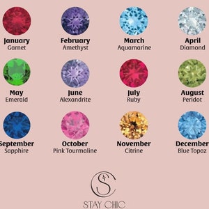 May include: A chart showing the birthstones for each month of the year. The chart features a circle with a gemstone for each month, with the month and gemstone name listed below each circle. The gemstones are: Garnet, Amethyst, Aquamarine, Diamond, Emerald, Alexandrite, Ruby, Peridot, Sapphire, Pink Tourmaline, Citrine, and Blue Topaz.