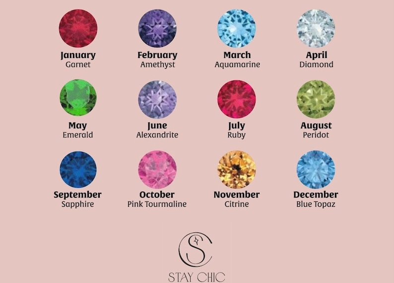May include: A birthstone chart showing the month and gemstone name. The gemstones are arranged in a circle, each with a different colour, including red garnet, purple amethyst, and blue sapphire. The text "STAY CHIC" is at the bottom.