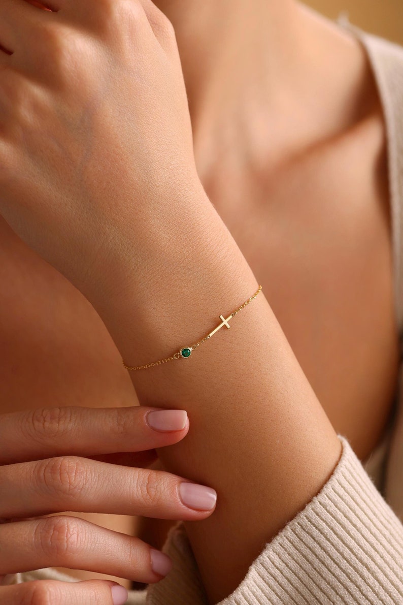 Cross Bracelet with Birthstone, Dainty silver and gold Cross Bracelet, Confirmation Gift, Baptism Gift, Christmas Gift For Her, Couples Gift, Friendship Bracelet, gift for mom, mothers day gift